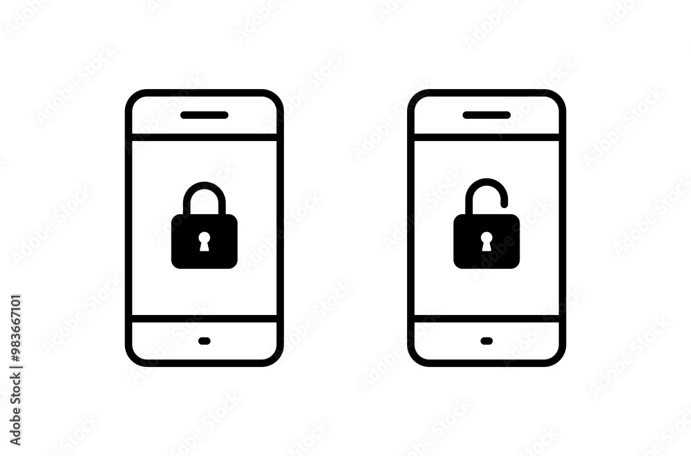 Lock and unlock icon on phone screen. Cellphone with padlock sign symbol Lock and unlock icon on phone screen. Cellphone with padlock sign symbol
