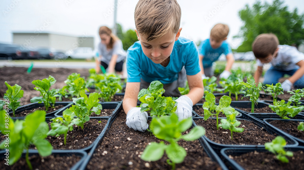 custom made wallpaper toronto digitalYoung boy plants seedlings in a community garden.