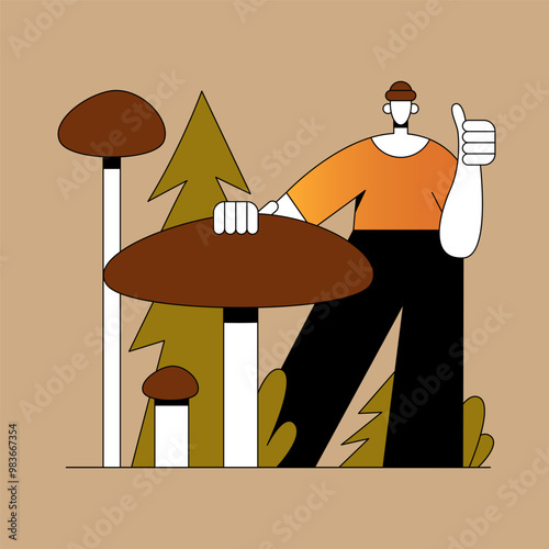 People picking edible mushrooms in the forest. Mushroom picker Boy walking through the forest, picking boletus mushrooms. Autumn nature. Flat vector illustration in cartoon style.