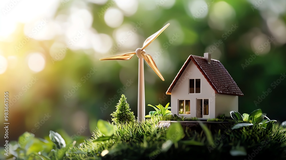 Model house and wind turbine among green grass on white isolate background. Model house and wind turbine among green grass on white isolate background.
