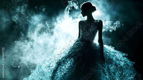 A surreal fashion concept with a model wearing a dress made entirely of glass-like material, catching the light beautifully against a dark and moody background photo