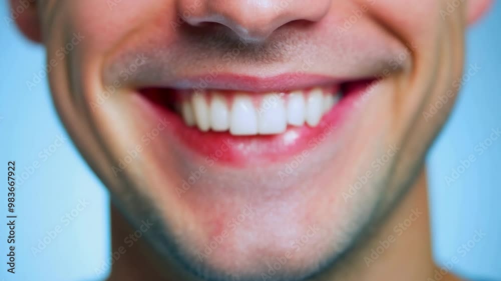 Mouth of a smiling young Caucasian man on a white background. A close-up of his gleaming smile captures the essence of tooth whitening, radiating positivity and charm. Mouth of a smiling young Caucasian man on a white background. A close-up of his gleaming smile captures the essence of tooth whitening, radiating positivity and charm.