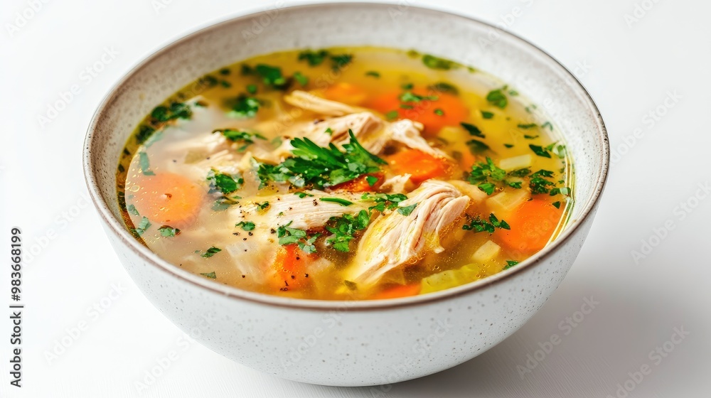 A bowl of hearty halal chicken soup with fresh herbs, set on a minimalistic white background, no logos. A bowl of hearty halal chicken soup with fresh herbs, set on a minimalistic white background, no logos.