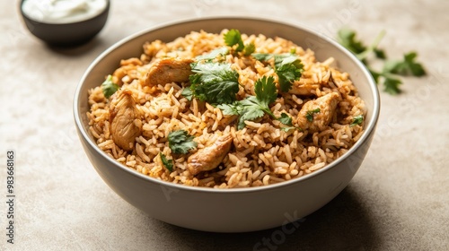 A bowl of fragrant chicken pulao with yogurt on the side, photographed against a simple beige backdrop.