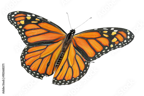 Orange butterfly isolated on white background. Macro shot of butterfly with various color wings flying with white background. Studio nature photography for design and print. Nature design. AIG57.