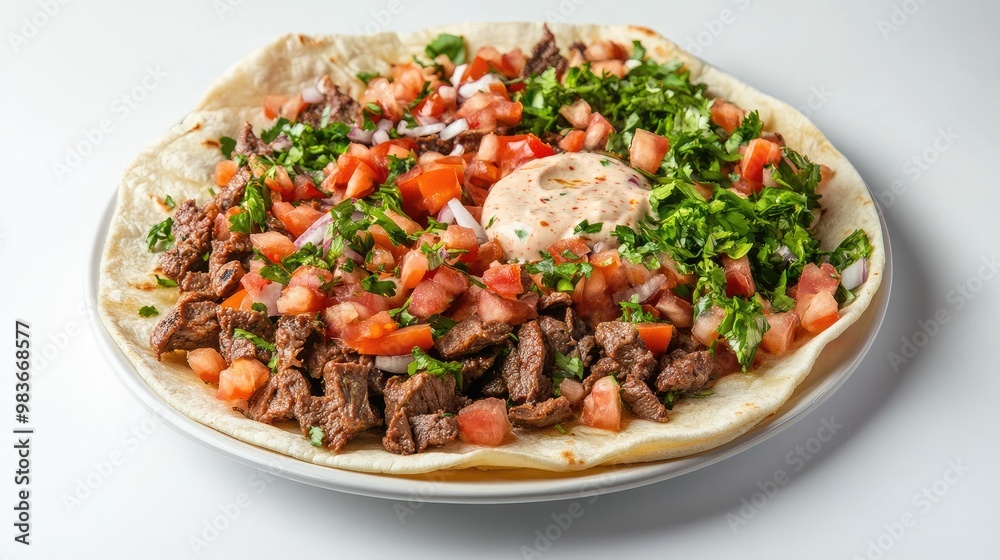 A freshly prepared plate of shawarma with garlic sauce, beautifully presented on a plain white surface. A freshly prepared plate of shawarma with garlic sauce, beautifully presented on a plain white surface.