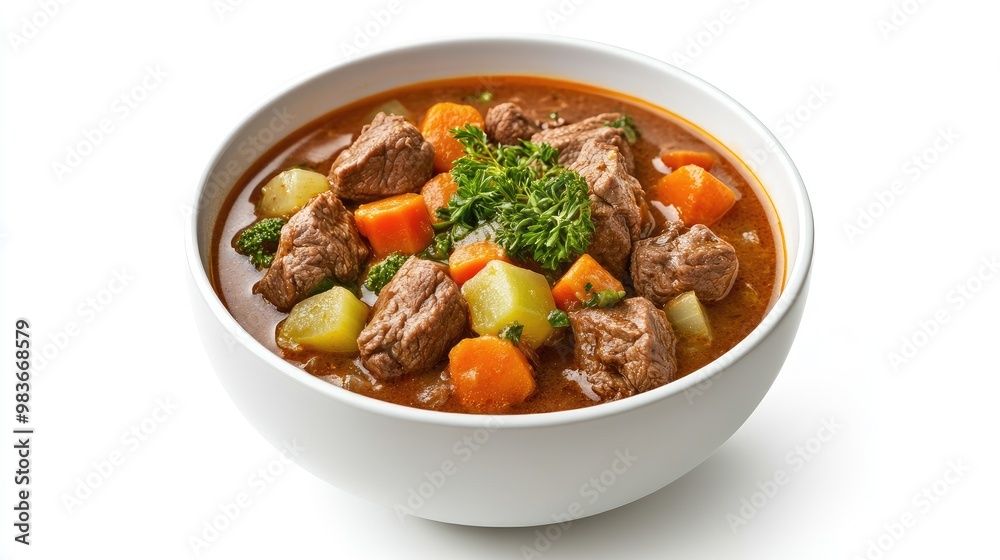 A hearty bowl of beef stew with vegetables, photographed against a minimalistic white background. A hearty bowl of beef stew with vegetables, photographed against a minimalistic white background.