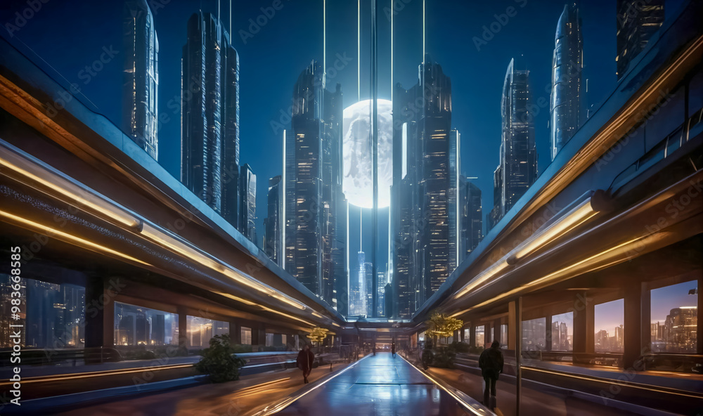 Fototapeta premium Generated Image of the cityscape with people using the walkway and the full moon in the background