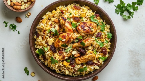 A fresh, vibrant plate of chicken mandi rice with almonds and raisins, set against a simple light backdrop.