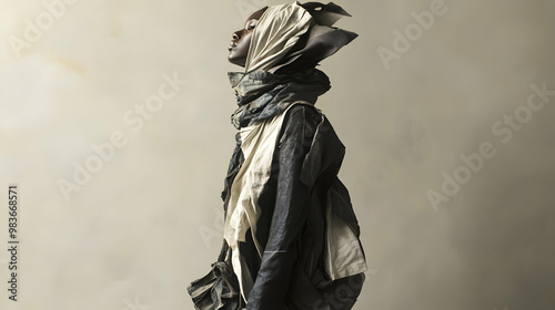 An experimental fashion piece made from deconstructed fabrics and asymmetrical cuts, photographed against a smooth, neutral-colored background with soft lighting photo