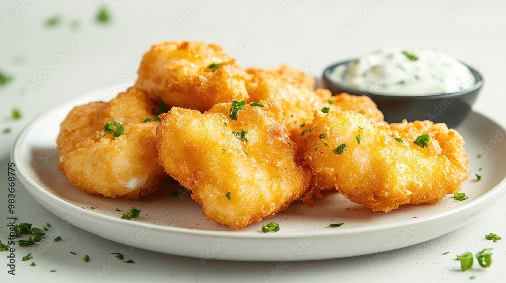 A plate of crispy fried fish with tartar sauce, photographed against a minimalistic light surface, no logos. A plate of crispy fried fish with tartar sauce, photographed against a minimalistic light surface, no logos.