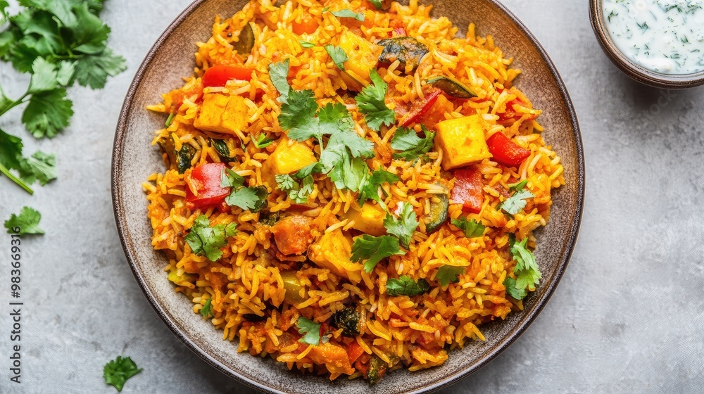 A vibrant plate of vegetable biryani with raita, garnished with fresh coriander, set against a neutral backdrop. A vibrant plate of vegetable biryani with raita, garnished with fresh coriander, set against a neutral backdrop.
