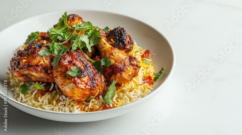 Close-up of a beautifully plated chicken biryani, garnished with fresh herbs and spices, set on a simple white background.