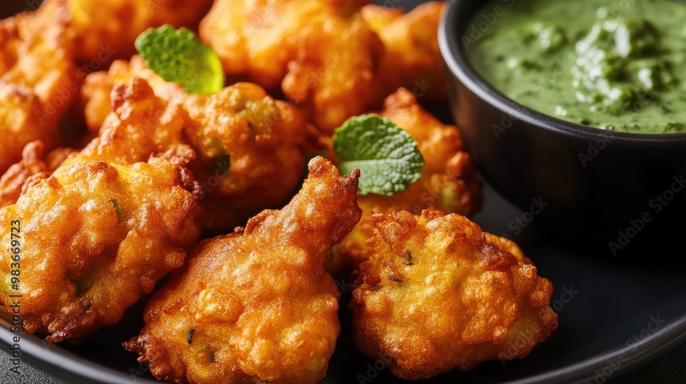 Close-up of a golden, crispy chicken pakora with mint chutney, plated on a minimalist background. Close-up of a golden, crispy chicken pakora with mint chutney, plated on a minimalist background.