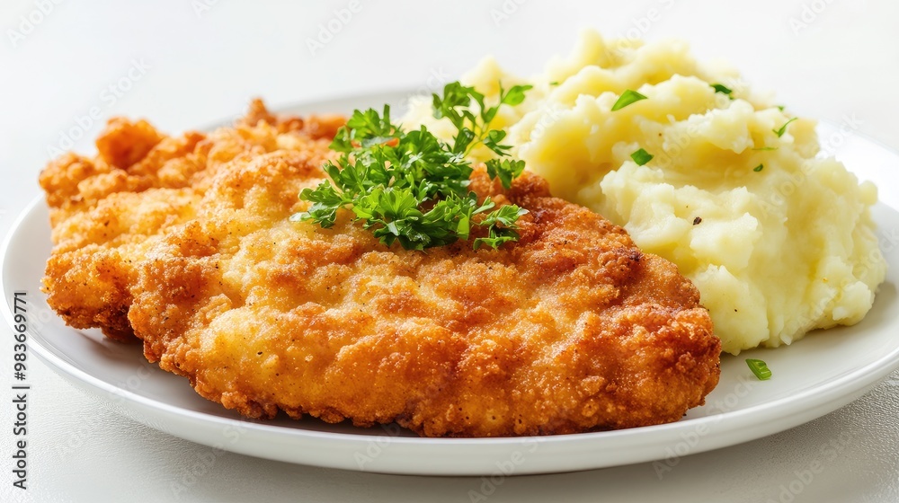 Close-up of a golden-brown chicken schnitzel with a side of creamy mashed potatoes, set on a plain light background. Close-up of a golden-brown chicken schnitzel with a side of creamy mashed potatoes, set on a plain light background.