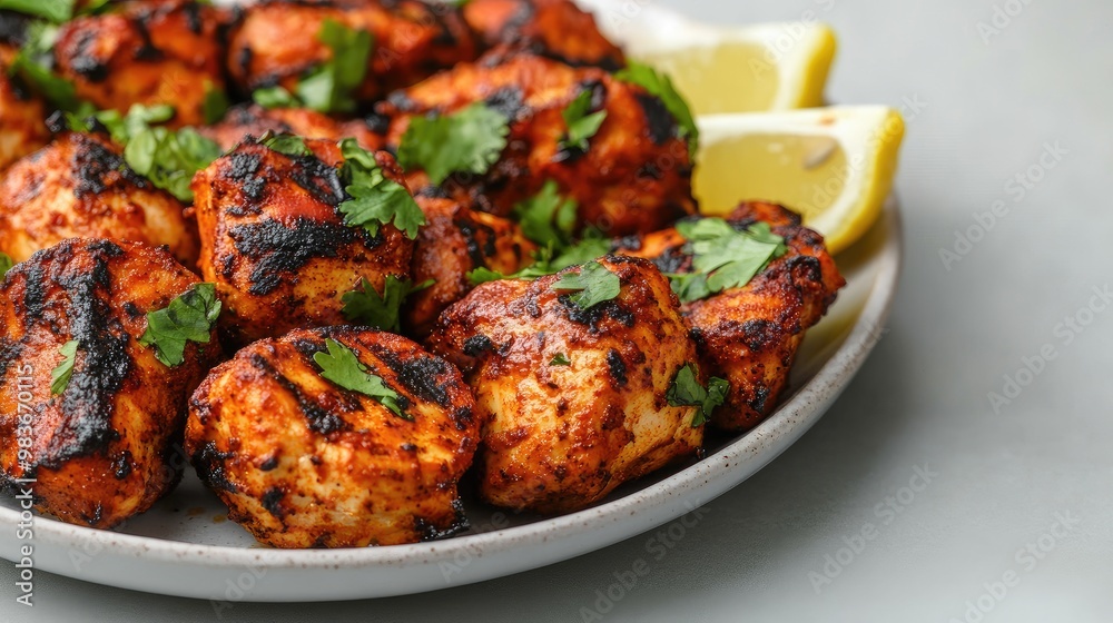 Close-up of a plate of grilled chicken tikka with fresh herbs and lemon wedges, placed on a plain light surface. Close-up of a plate of grilled chicken tikka with fresh herbs and lemon wedges, placed on a plain light surface.