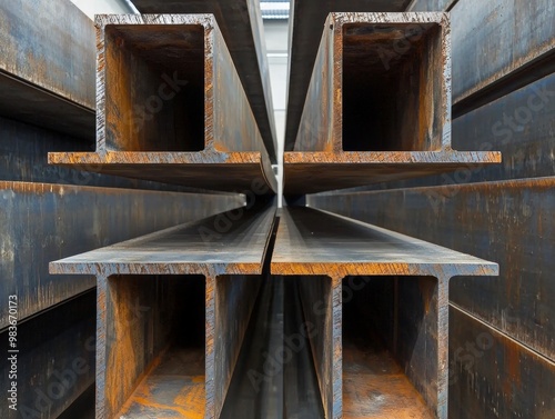 Steel in industrial warehouse, beam, pipe, steel plate - ai photo