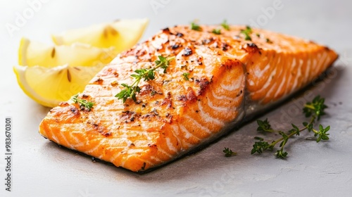 Close-up of a serving of grilled salmon with lemon wedges and herbs, placed on a simple gray background.