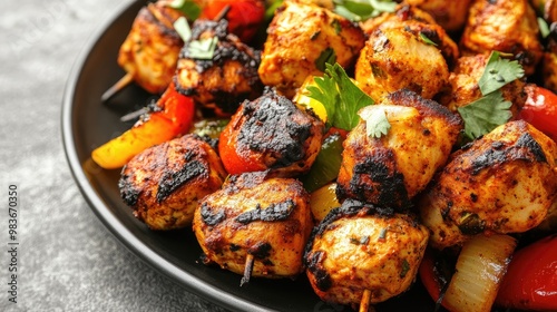 Close-up of a spicy chicken tikka with grilled vegetables, plated on a neutral gray background.