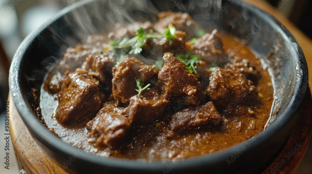 Close-up of a steaming plate of beef rendang, with rich coconut gravy, set against a simple wooden surface. Close-up of a steaming plate of beef rendang, with rich coconut gravy, set against a simple wooden surface.