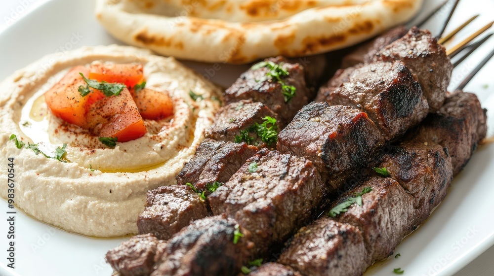 Close-up of a succulent beef kebab with a side of hummus and pita bread, displayed on a simple light background. Close-up of a succulent beef kebab with a side of hummus and pita bread, displayed on a simple light background.