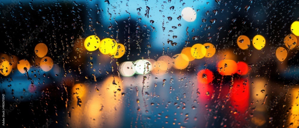 Obraz premium Raindrops on glass with blurred lights reflecting in the background.