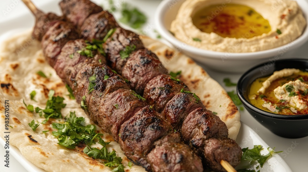 Close-up of a succulent beef kebab with a side of hummus and pita bread, displayed on a simple light background. Close-up of a succulent beef kebab with a side of hummus and pita bread, displayed on a simple light background.