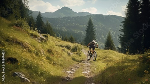 A man is riding a bike on a dirt road in the woods