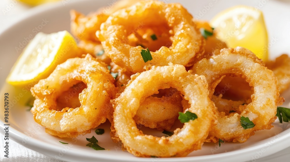 Close-up of crispy fried calamari rings with lemon wedges, placed on a clean white plate, no distractions. Close-up of crispy fried calamari rings with lemon wedges, placed on a clean white plate, no distractions.