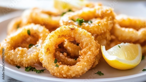 Close-up of crispy fried calamari rings with lemon wedges, placed on a clean white plate, no distractions.