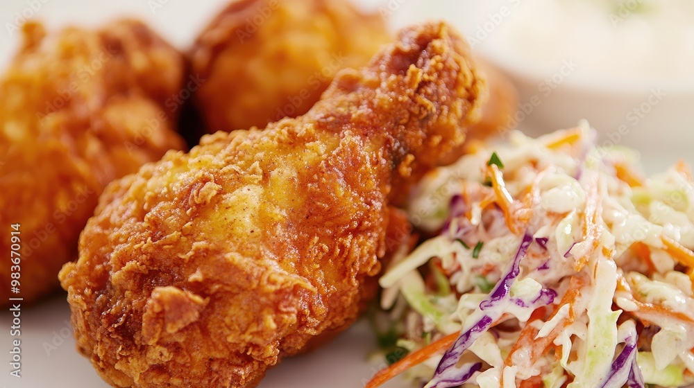 Close-up of crispy halal fried chicken with a side of coleslaw, plated on a simple light background. Close-up of crispy halal fried chicken with a side of coleslaw, plated on a simple light background.