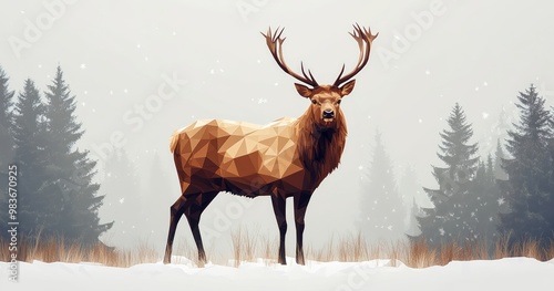 Geometric Deer in Winter Wonderland Artwork with Snowy Trees