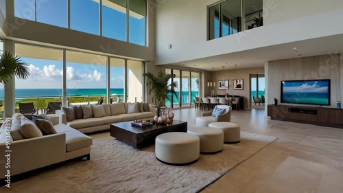 luxurious South Florida living room with ocean views, high ceilings, modern furnishings, and tropical decor accents.