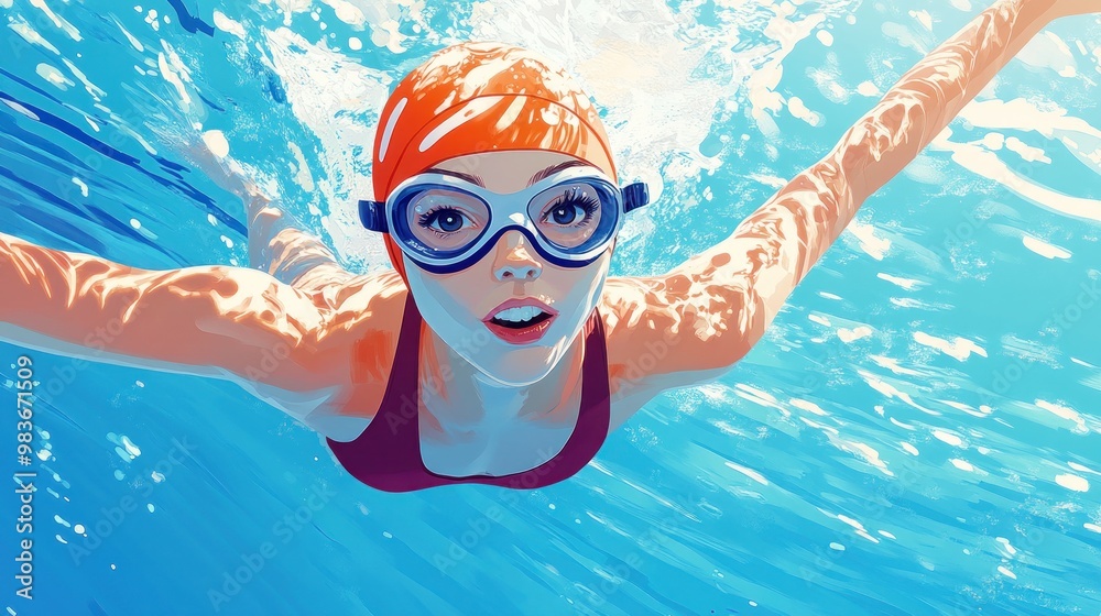 Fototapeta premium Swimmer's Perspective: Underwater View of a Woman in a Pool