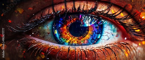 A close-up of a vibrant cybernetic eye, enhanced with digital elements and glowing with intense colors. This image represents the future of human augmentation and the merging of technology with human