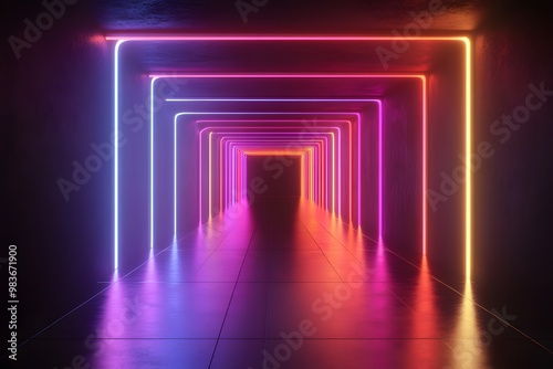 3D render, abstract futuristic background with neon glowing lines in a tunnel shape on purple and teal colors.