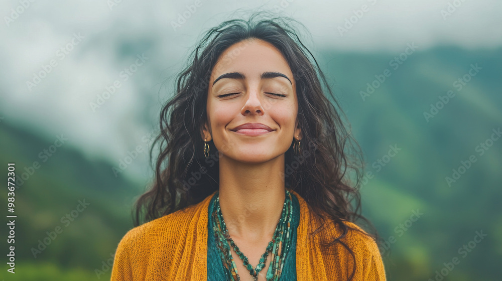Woman with long curly hair smiles with eyes closed. Woman with long curly hair smiles with eyes closed.
