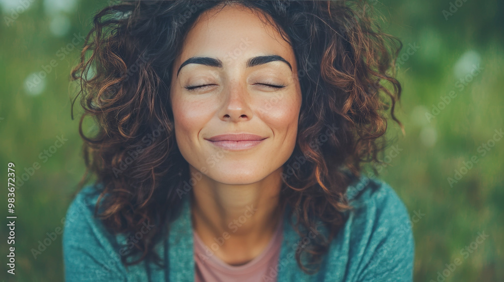 Young woman with curly hair smiling with eyes closed. Young woman with curly hair smiling with eyes closed.