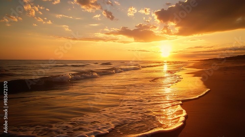 A beautiful beach under the natural sunset sky. The sand on the beach is golden, stretching out towards the ocean photo