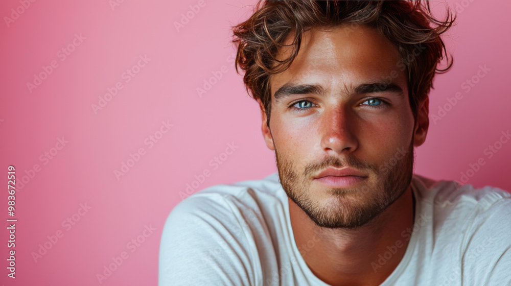 Fototapeta premium Young man with blue eyes and a light beard poses against a pink background.