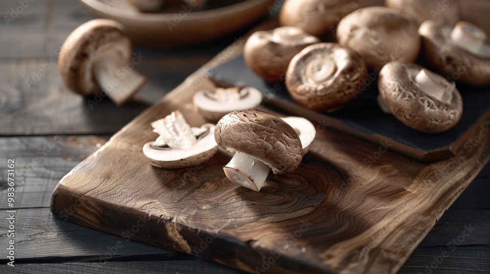 Fresh Mushrooms on a Wooden Cutting Board Fresh Mushrooms on a Wooden Cutting Board