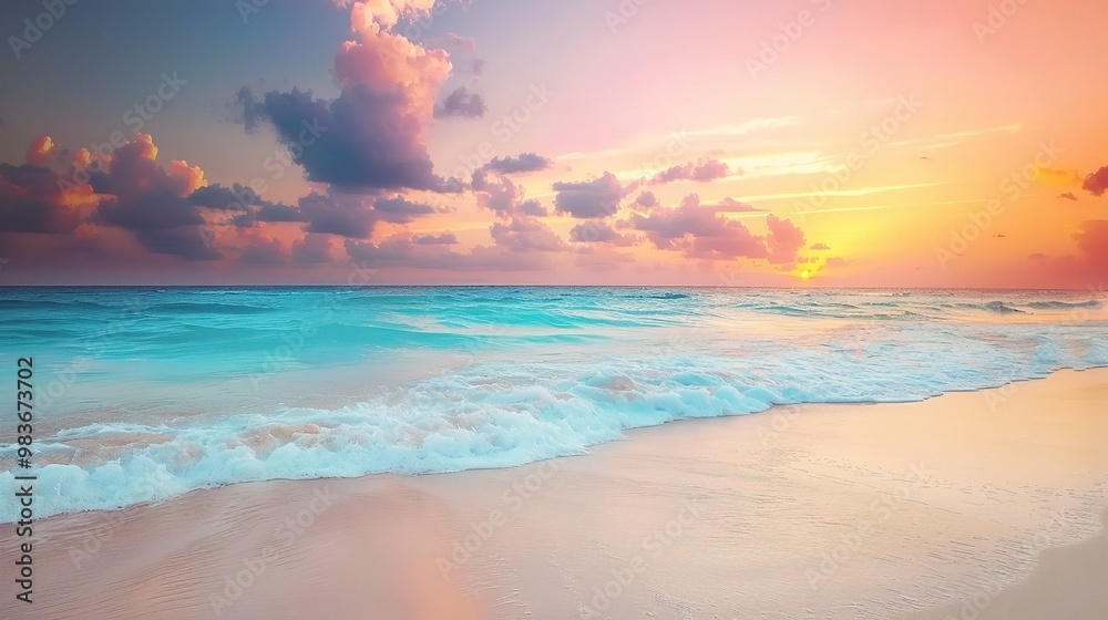 A beautiful beach under the natural sunset sky. The sand on the beach is golden, stretching out towards the ocean