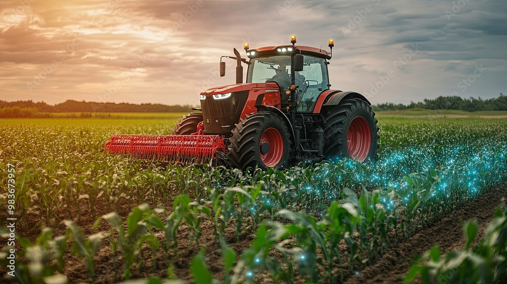 Red Tractor Cultivating a Field of Corn Under a Cloudy Sky Red Tractor Cultivating a Field of Corn Under a Cloudy Sky