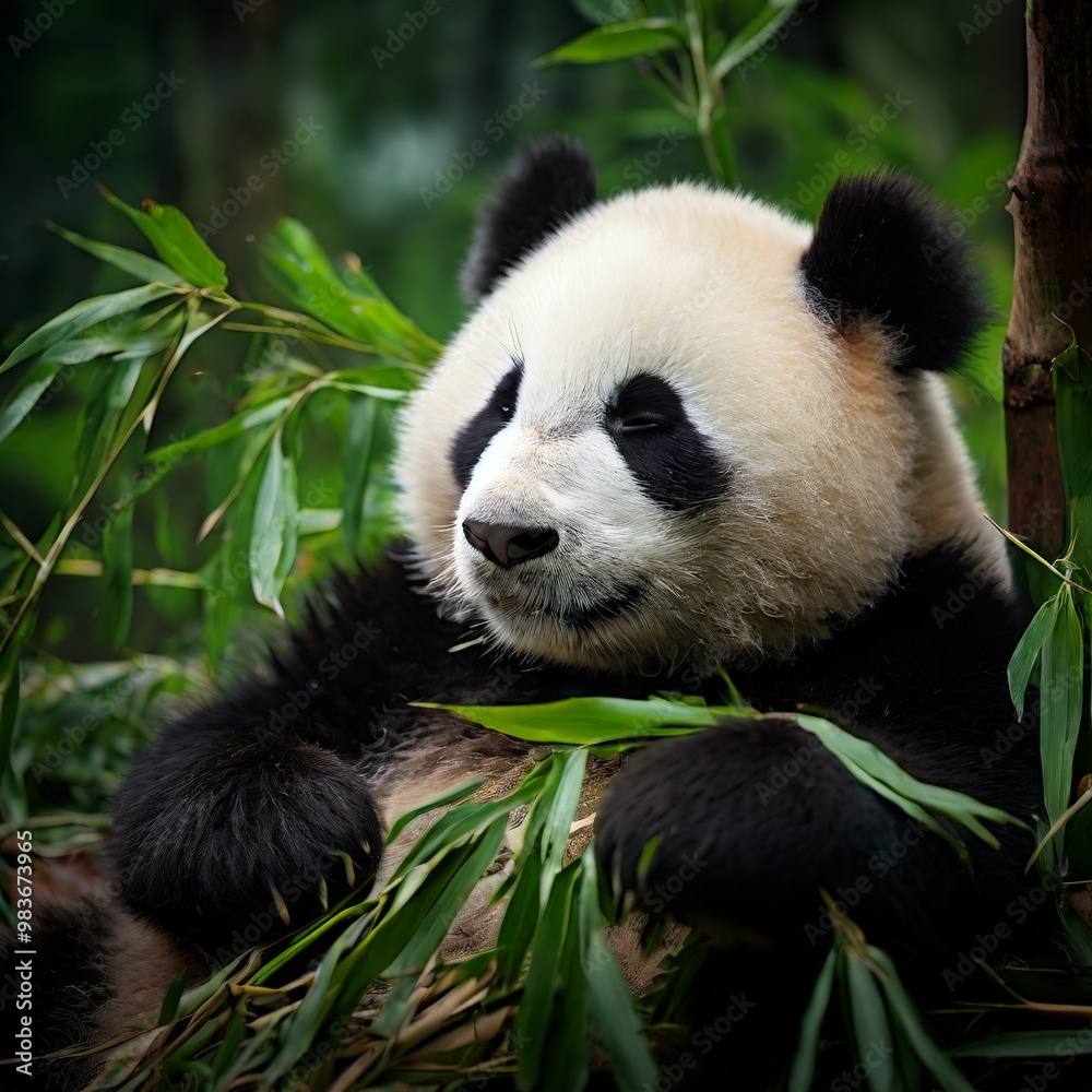 Naklejka premium A relaxed giant panda enjoys a bamboo meal in the midst of a dense, green forest. The image captures the tranquil essence of this endangered species, highlighting the natural beauty and peaceful