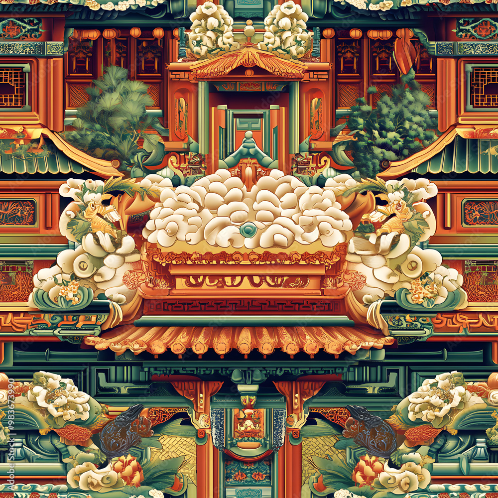 Fototapeta premium Chinese-inspired doodle tile seamless patterns in an illustrator graphic style