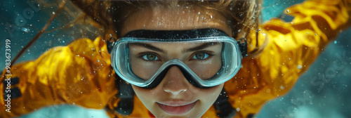 Young woman in yellow wetsuit swims underwater wearing goggles. photo