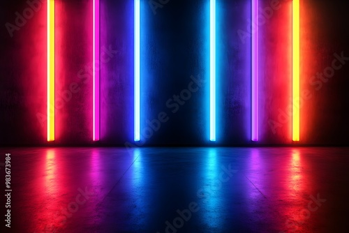 Wallpaper Mural 3D render, an abstract futuristic background with neon blue and red lights in a dark room. Torontodigital.ca