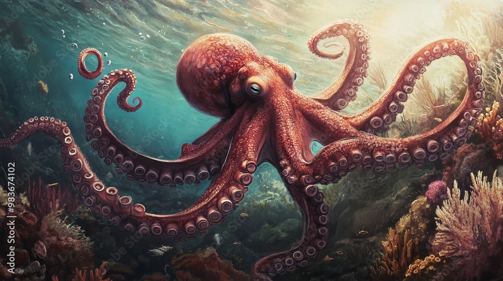 Obraz premium Celebrate Octopus Day by diving into the mysterious underwater world, where the intelligent and enigmatic octopus reigns as a master of camouflage and survival