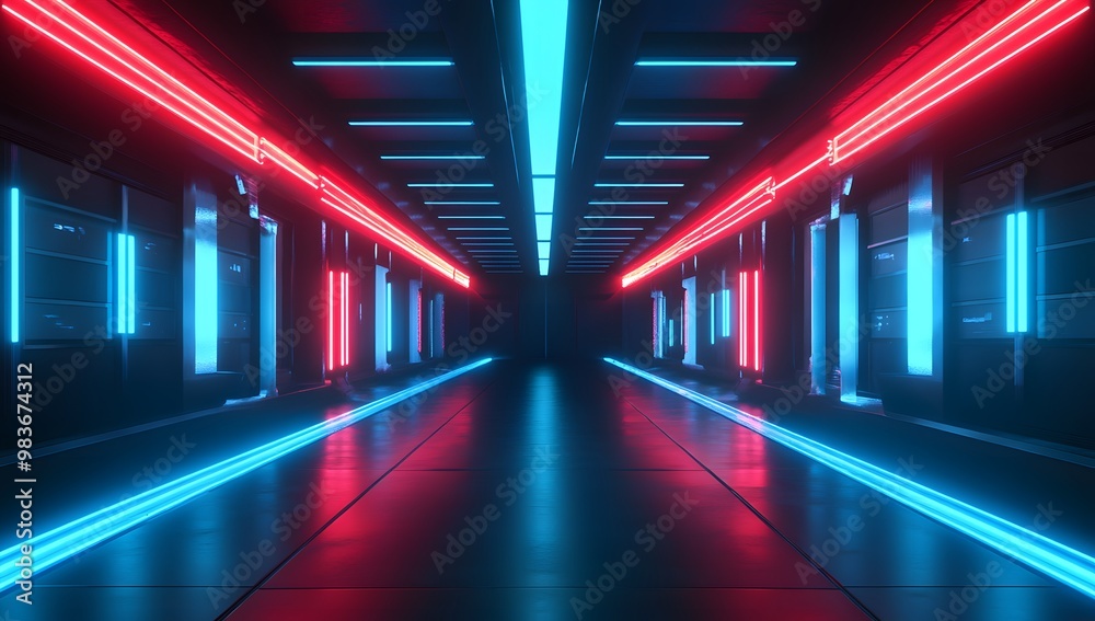 Fototapeta premium 3D render, an abstract futuristic background with neon blue and red lights in a dark room.