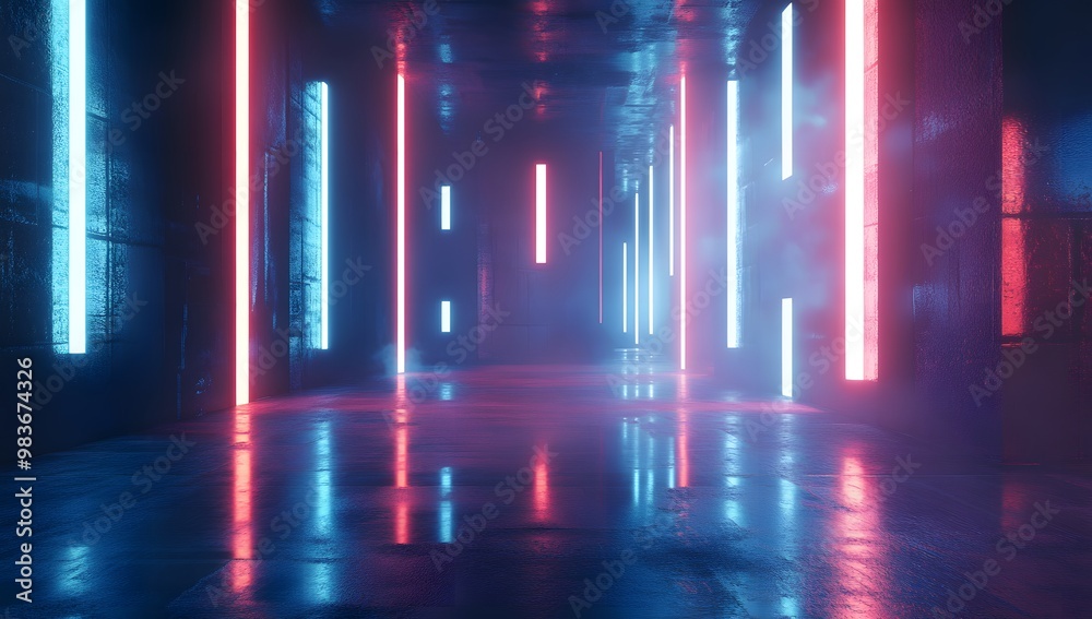 3D render, an abstract futuristic background with neon blue and red lights in a dark room. 3D render, an abstract futuristic background with neon blue and red lights in a dark room.